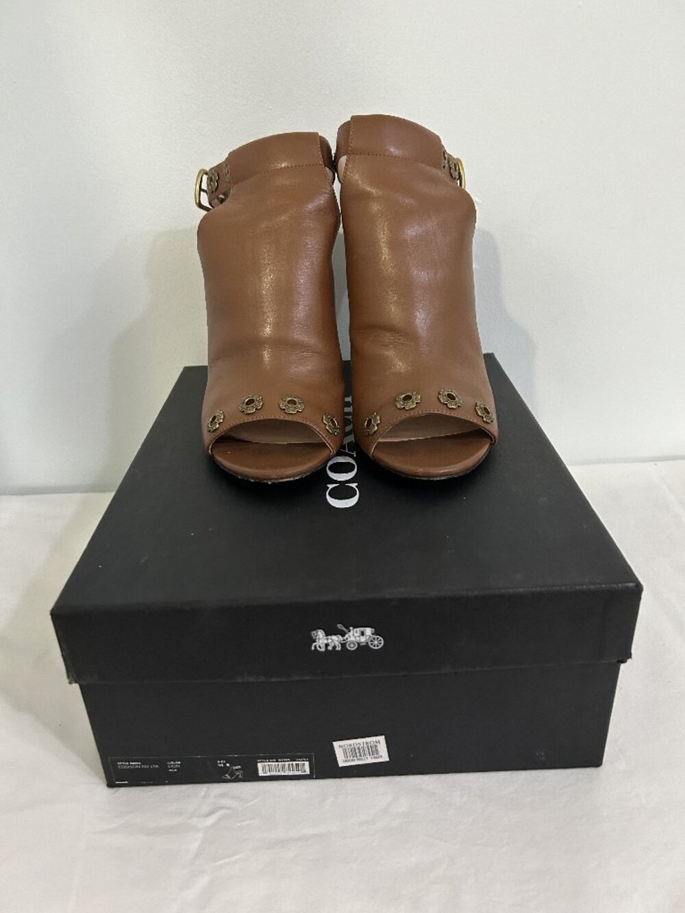 Coach Cognac Leather Peep Toe Booties Heels Size 10